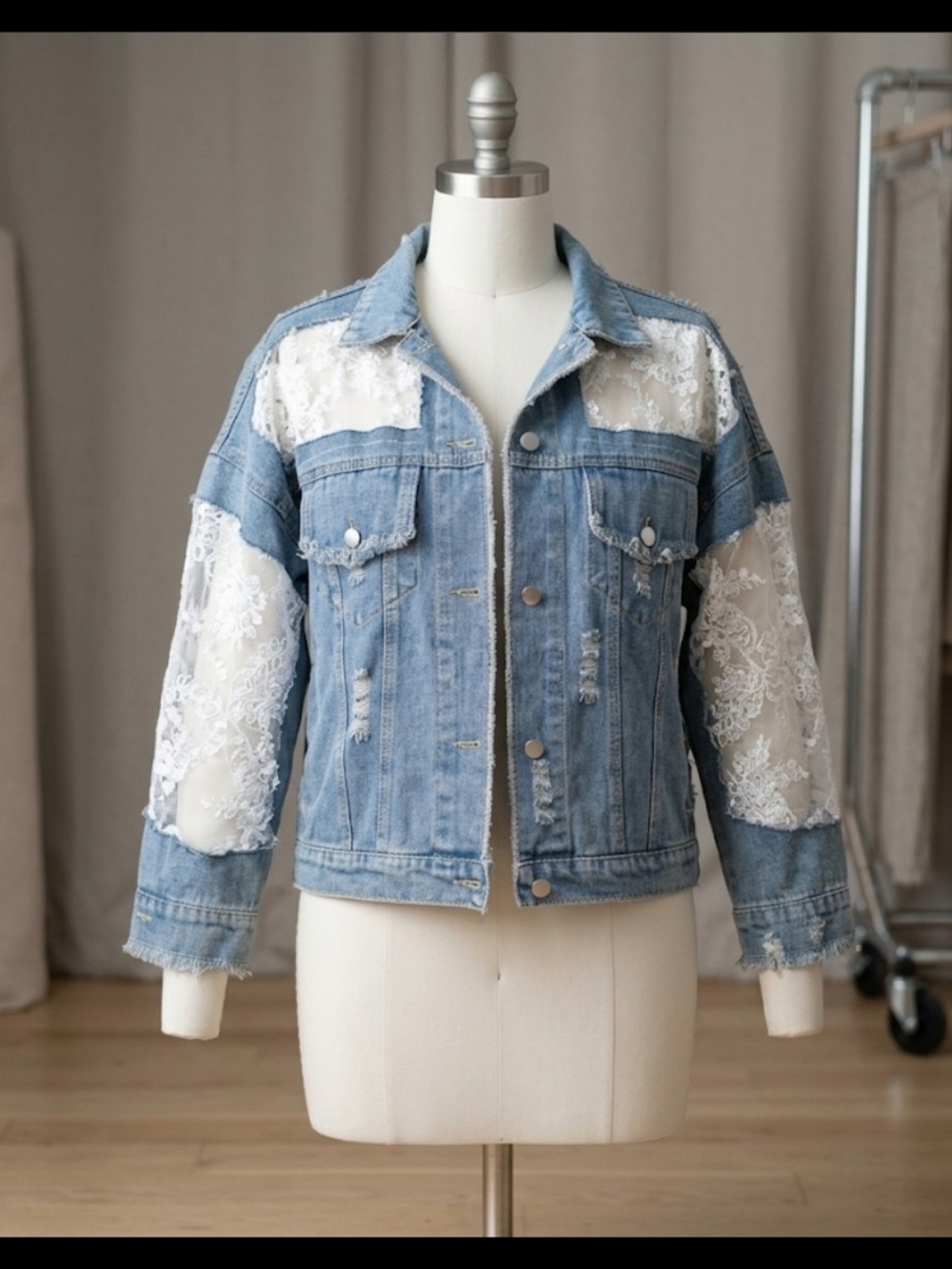 Lace Panel Light Blue Denim Jacket - Women's